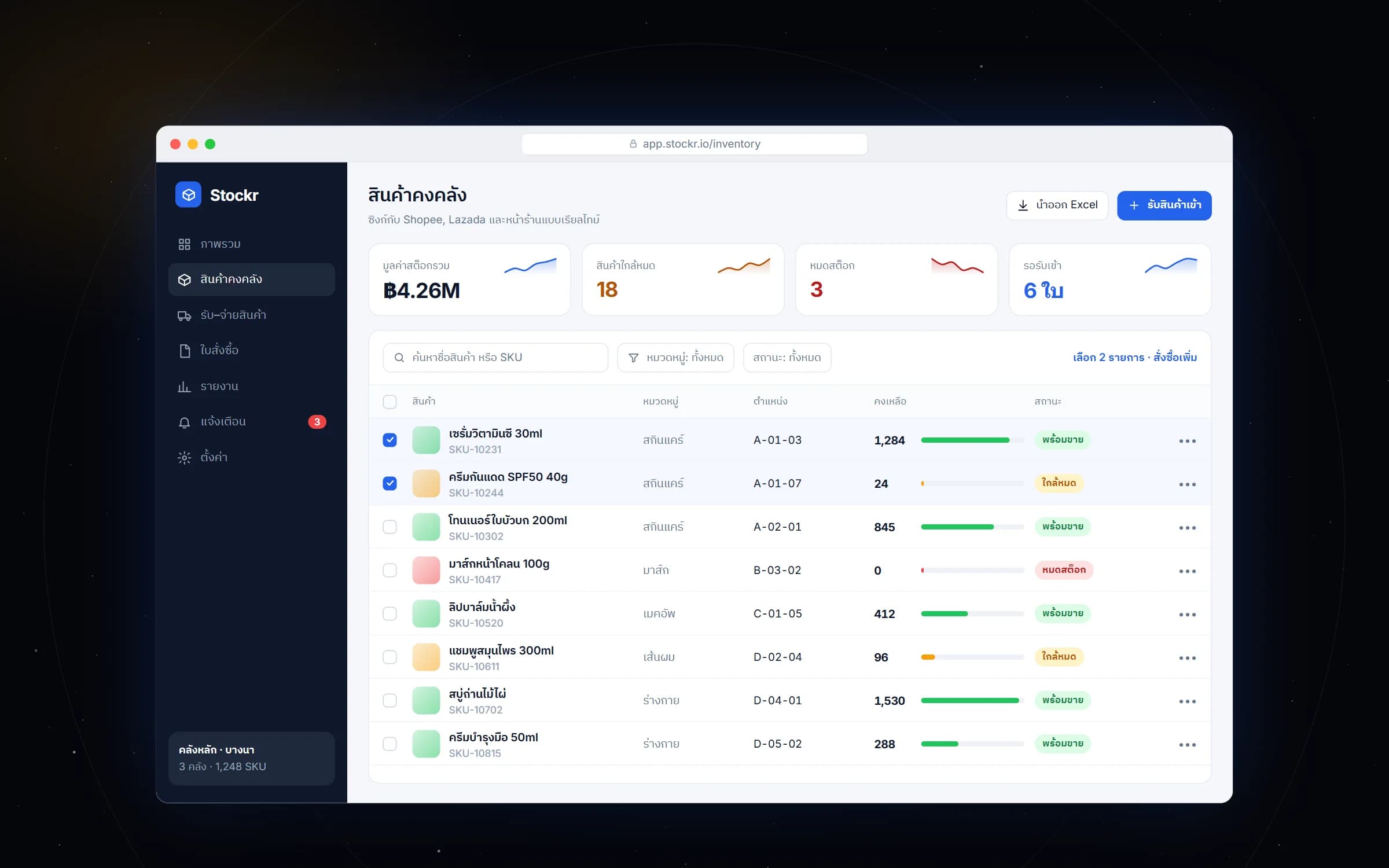 หน้าสินค้าคงคลังของระบบ Stockr พร้อมสถานะสต็อก